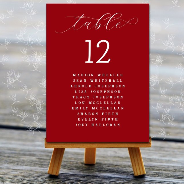 Red Wedding Guest Names List Table Number Cards (Creator Uploaded)