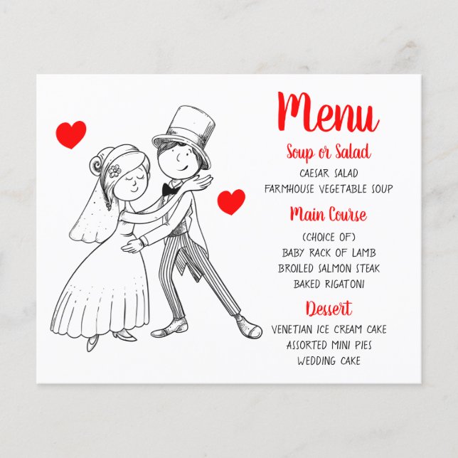 Red Wedding Menu Cute Cartoon Bride Groom (Front)