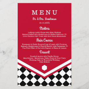 Red Wedding Menu with Black Chequered Pattern