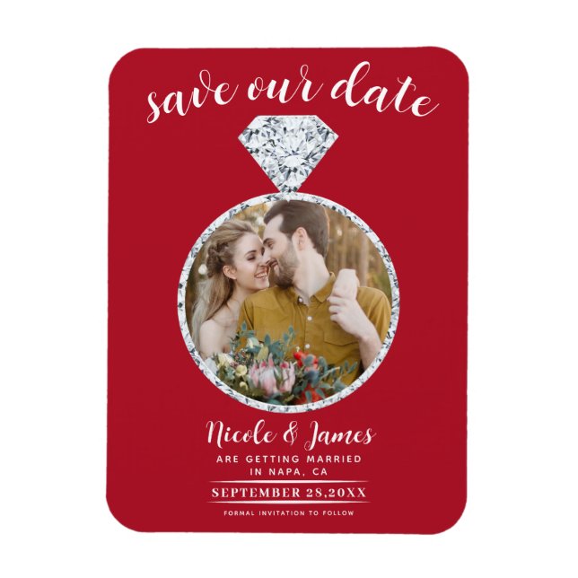 Red Wedding Ring Bling Photo Save the Date Magnet (Vertical)