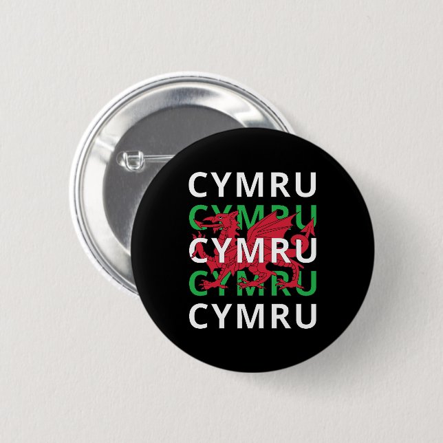 Red Welsh Dragon Cymru Repeating Text Wales Roots 2 Inch Round Button (Front & Back)
