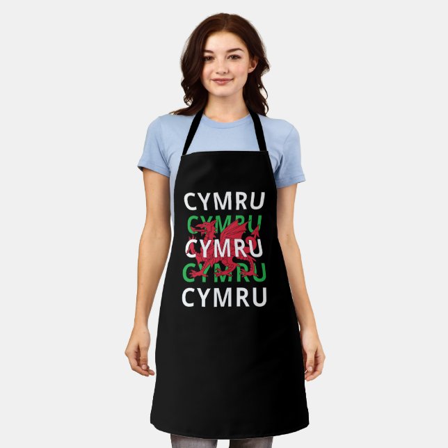 Red Welsh Dragon Cymru Repeating Text Wales Roots Apron (Worn)