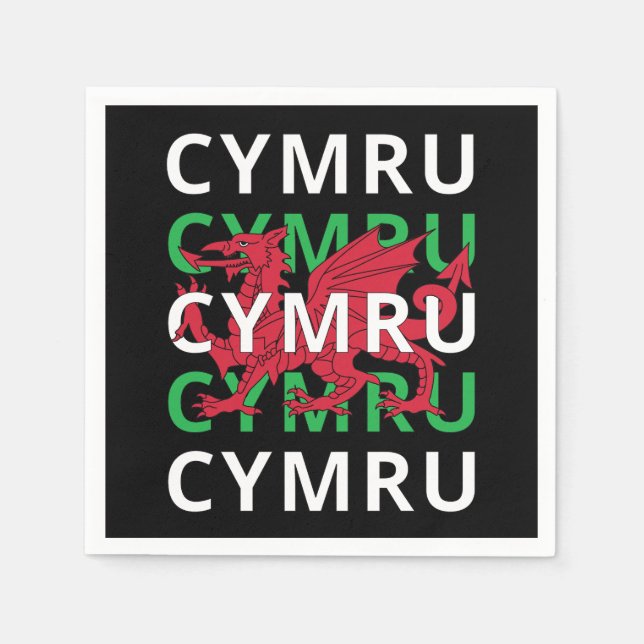 Red Welsh Dragon Cymru Repeating Text Wales Roots Napkin (Front)