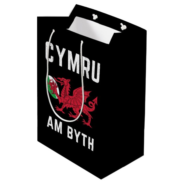 Red Welsh Dragon Cymru Roots Rugby Fan Wales Flag Medium Gift Bag (Back Angled)