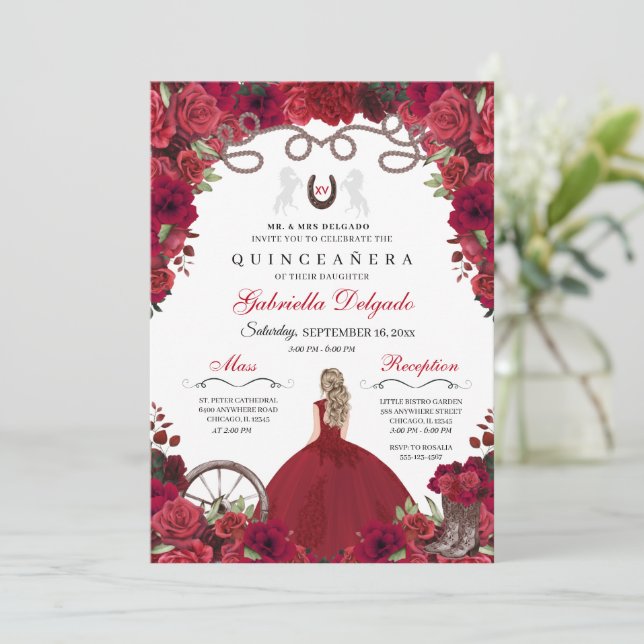 Red Western Charra Princess Ranchero Quinceanera Invitation (Standing Front)