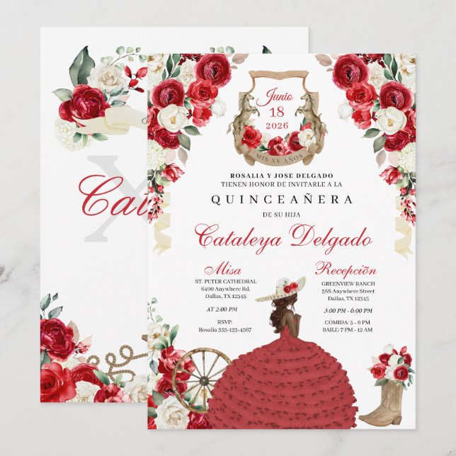 Red Western Fairytale Princess Charro Quinceañera Invitation (Front/Back)