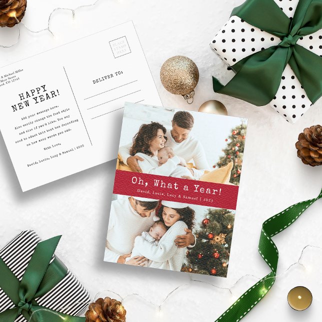 Red What A Year Holiday Postcard (Red and White Oh, What A Year Photo Christmas Holiday Postcard)