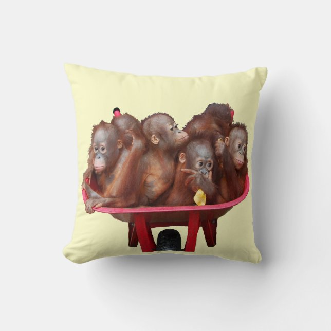Red Wheelbarrow Orangutan Babies Throw Pillow (Front)