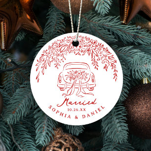 Red Whimsical Car Our First Christmas Married Ceramic Ornament