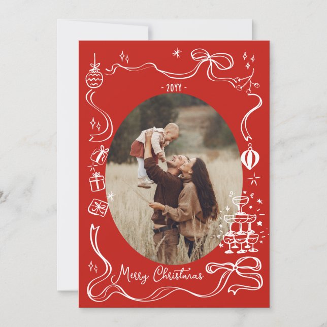 Red Whimsical Christmas Photo collage Holiday Card (Front)