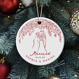 Red Whimsical Couple Our First Christmas Married Ceramic Ornament