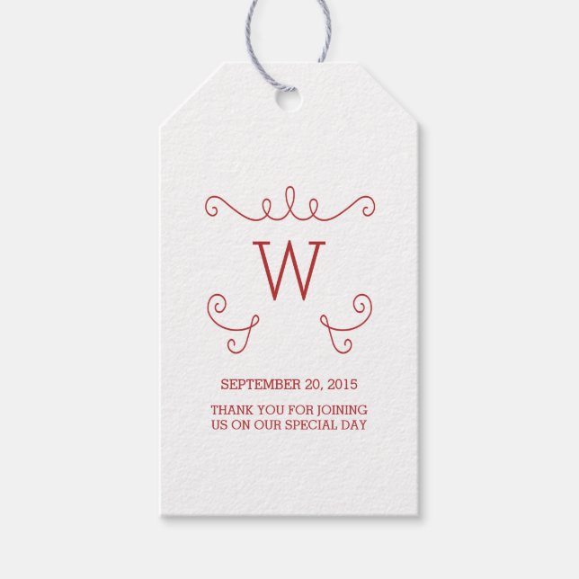 Red Whimsical Flourish Monogram Gift Tags (Front)