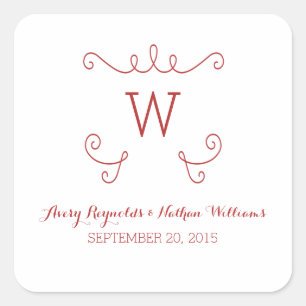 Red Whimsical Flourish Monogram Wedding Stickers