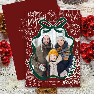 Red Whimsical Hand Drawn Doodle 1 Photo Christmas Holiday Card