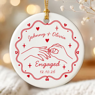 Red Whimsical Hand Drawn Engagement Ceramic Ornament