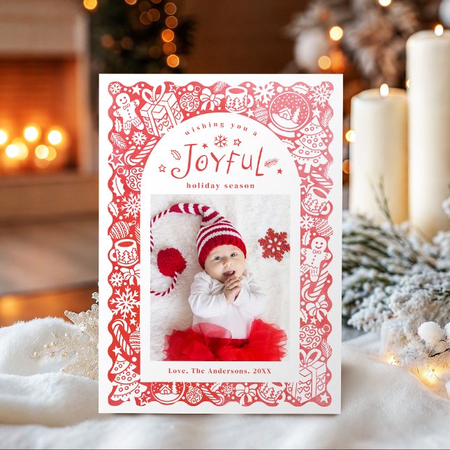 Red Whimsical Hand Drawn Joyful Holiday Photo Card (Red Whimsical Hand Drawn Joyful Holiday Photo)