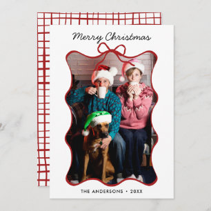 Red Whimsical Hand Drawn Wavy Bow Frame Christmas Holiday Card