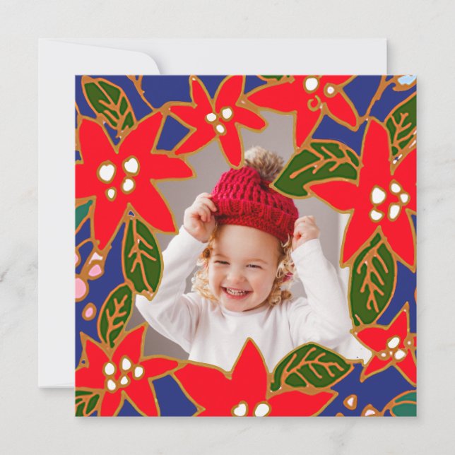 Red Whimsical Poinsettias Holiday Photocard (Front)