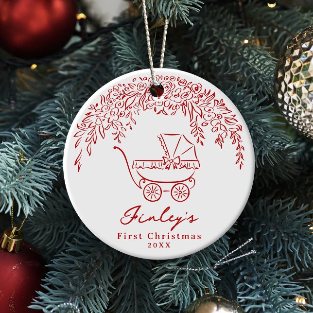 Red Whimsical Stroller Baby's First Christmas Ceramic Ornament (Red Whimsical Stroller Baby's First Christmas Ceramic Ornament)