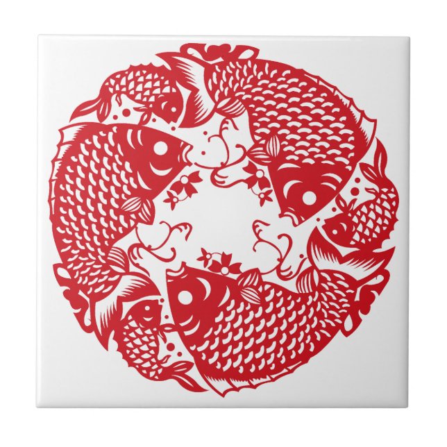 Red Whirling Koi Carp Fish Group Ceramic Tile (Front)