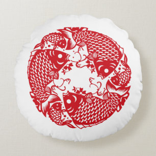 Red Whirling Koi Carp Fish Group Classic Round P Pillow
