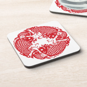 Red Whirling Koi Carp Fish Group SqC Coaster