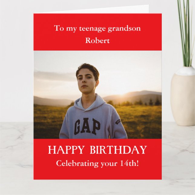 Red white 14th Photo Birthday card Grandson, LARGE (Front)