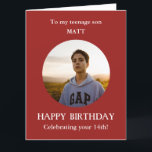 Red white 14th Photo Birthday card son, LARGE<br><div class="desc">Are you looking to buy a Photo Birthday card for son from mom, mum, mother? For age 14. LARGE Red and white card. Alternatively, you can add any relationship and add ANY AGE - 13, 15, 16, 17, 18th. Add your own selected photo into a red round frame to make...</div>