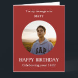 Red white 14th Photo Birthday card son, LARGE<br><div class="desc">Are you looking to buy a Photo Birthday card for son from mom, mum, mother? For age 14. LARGE Red and white card. Alternatively, you can add any relationship and add ANY AGE - 13, 15, 16, 17, 18th. Add your own selected photo into a red round frame to make...</div>