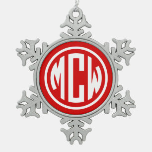 Red White 3 Initial Circle Monogram Font DIY BG Snowflake Pewter Christmas Ornament
