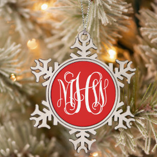 Red White 3 Initial Vine Monogram Font DIY BG Snowflake Pewter Christmas Ornament