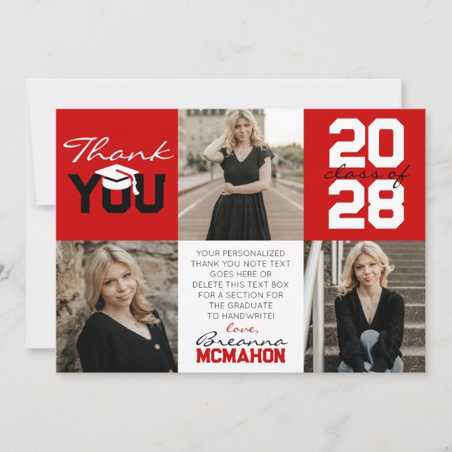Red & White 3 Photo Graduation Thank You Invitation (Front)