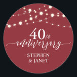 Red & White 40th Wedding Anniversay Celebration Classic Round Sticker<br><div class="desc">Add detail to your wedding anniversary party favours. This custom sticker features chic white lettering "40th anniversary" on a ruby red background. You can personalize the text to any mileston year. (10th,  20th,  25th,  30th,  40th,  50th,  60th, ect)</div>