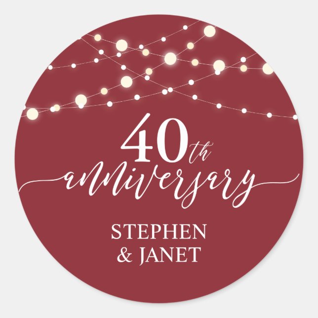 Red & White 40th Wedding Anniversay Celebration Classic Round Sticker (Front)