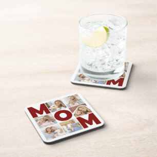 Red & White 6 Photo Collage Mom Coaster