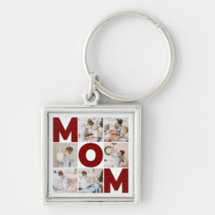 Red & White 6 Photo Collage Mom Keychain