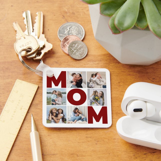 Red & White 6 Photo Collage Mom Keychain (Desk)