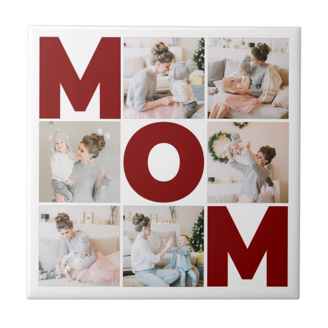 Red & White 6 Photo Collage Mom Tile (Front)