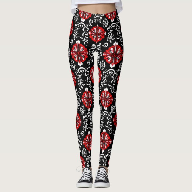 Red White Abstract Pattern Leggings (Front)