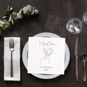 Red white abstract reindeer modern Christmas Napkin