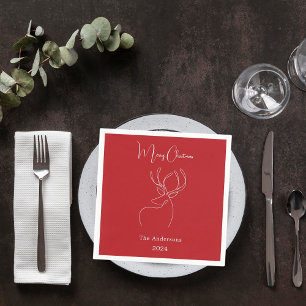 Red white abstract reindeer modern Christmas Napkin