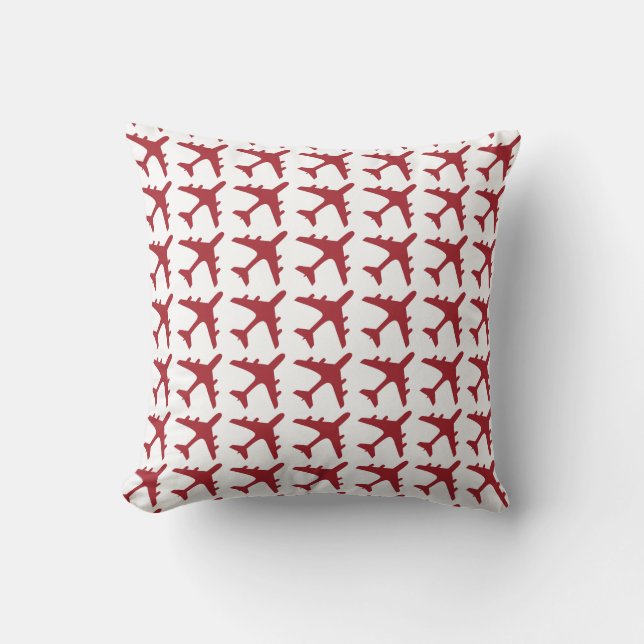 Red white airplane pattern decorative pillow (Front)