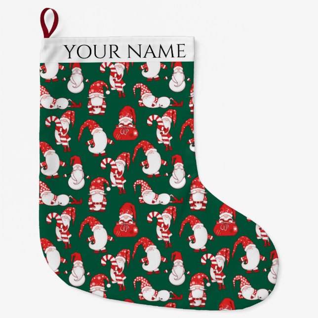 Red & White All-Over Christmas Gnome Pattern Large Christmas Stocking (Front)