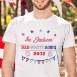 Red white and BBQ 4th july patriotic fireworks T-Shirt<br><div class="desc">Customize this Fourth of July BBQ t-shirt with your family name and the current year to celebrate America's birthday in style. This t-shirt features the wording "RED,  WHITE & BBQ" and is decorated with little stars,  patriotic fireworks,  and a festive banner.</div>