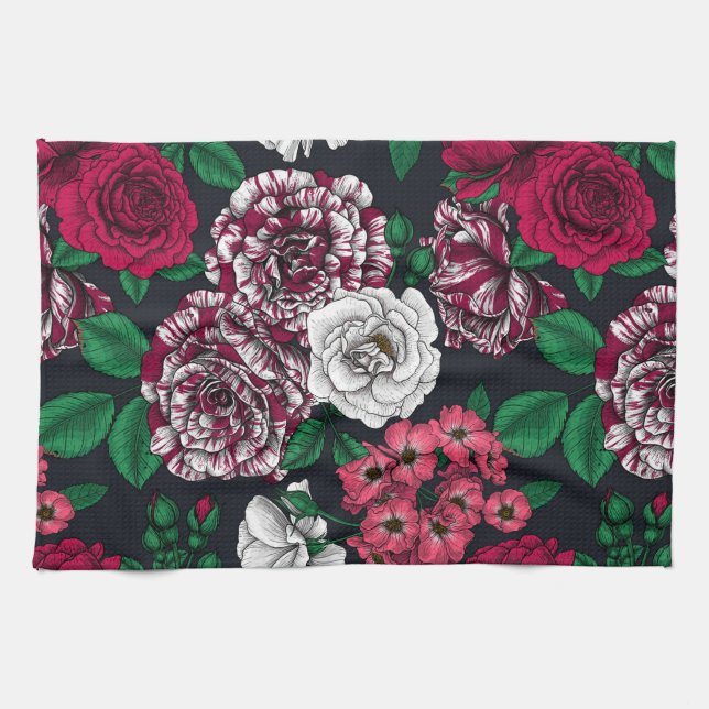 Red, white and bi-colour roses with green leaves o kitchen towel (Horizontal)
