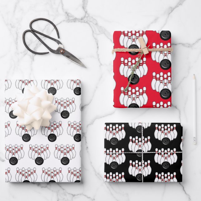 Red, White and Black Bowling Balls and Pins  Wrapping Paper Sheet (Front)