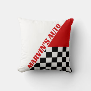 Red White and Black Checkerd Racing Theme and Name Throw Pillow