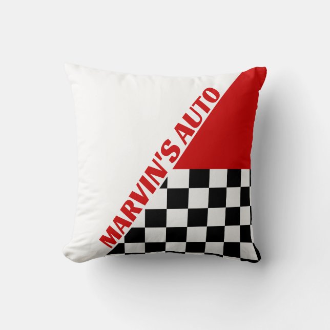 Red White and Black Checkerd Racing Theme and Name Throw Pillow (Front)