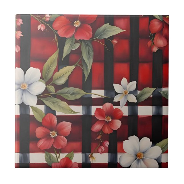 Red White and Black Farmhouse Floral Check Tile (Front)