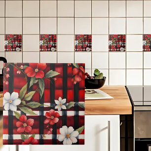 Red White and Black Farmhouse Floral Check Tile